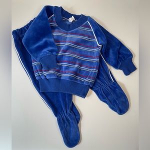 Vintage Newborn Tracksuit Velour Outfit Blue Striped Shirt Footie Boy Or Girl